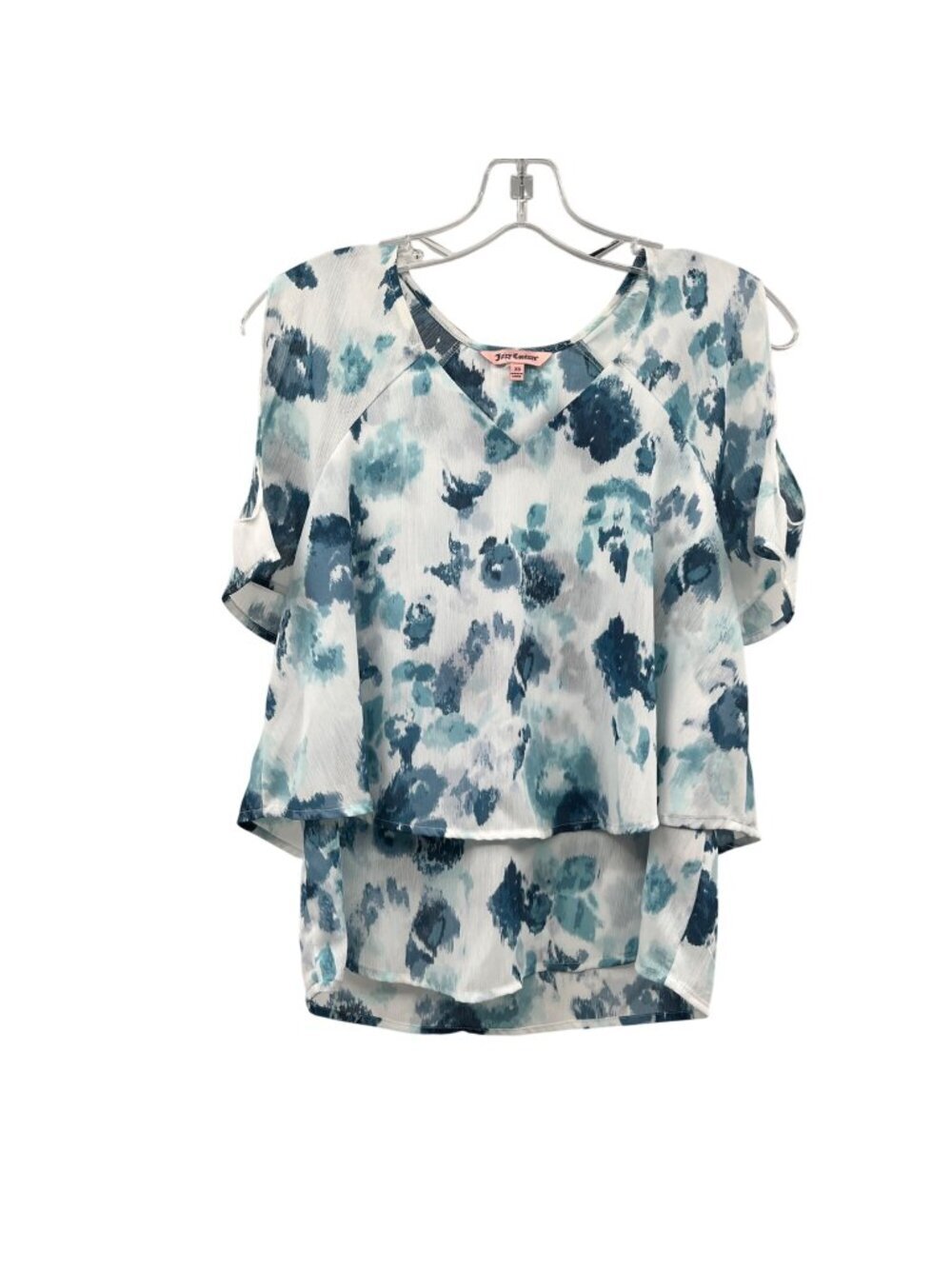 Juicy Couture Womens Print Blouse Short Cold Shoulder Sleeve Teal/White XS